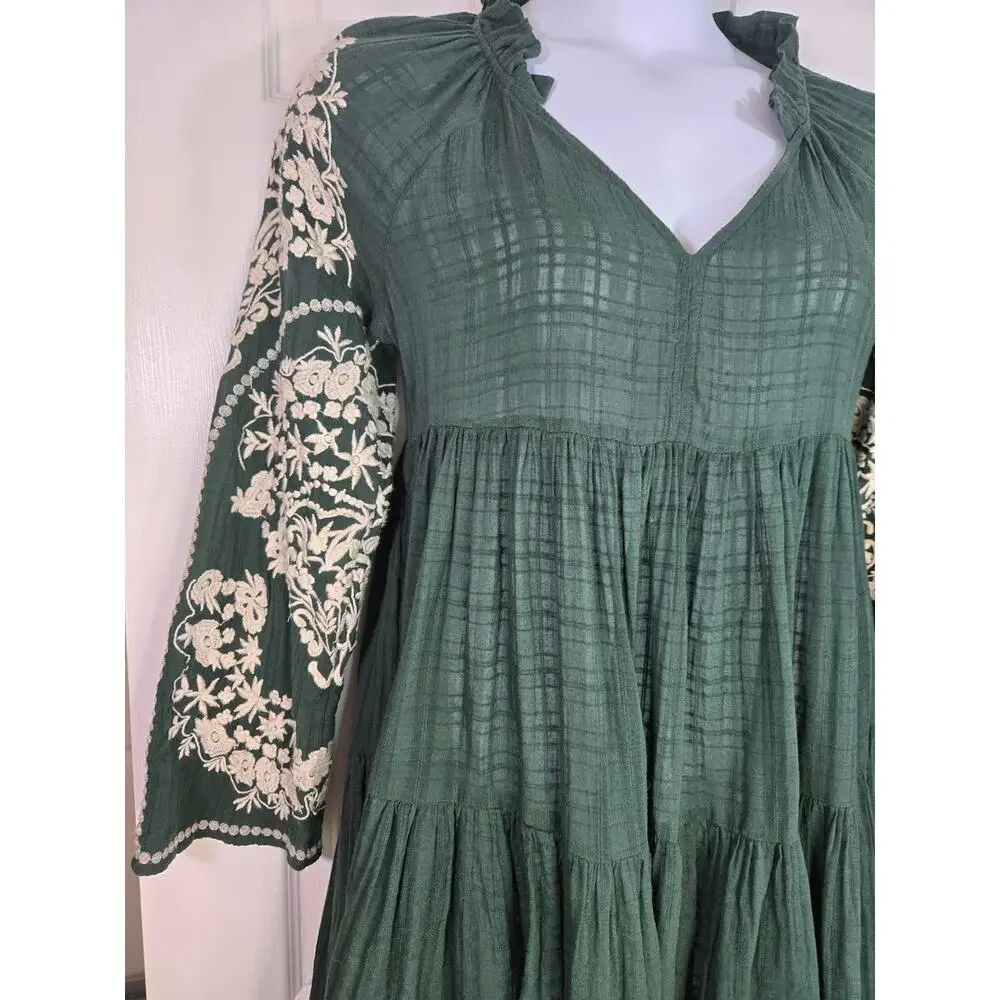 Free People Emerald City Tiered Embroidered Dress in Green Size Small - Picture 6 of 16